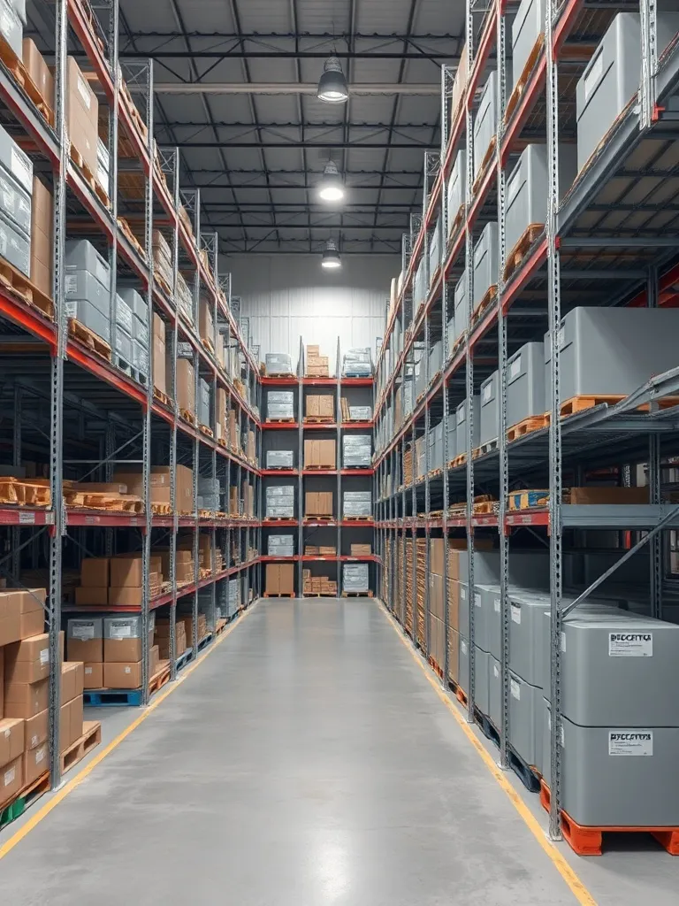 A warehouse logistics scene with organized metal shelving an