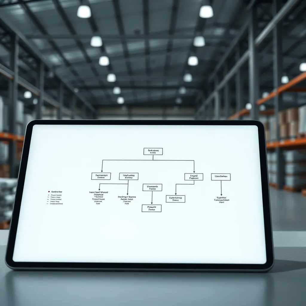 Flowchart of logistics distribution on a tablet screen, high