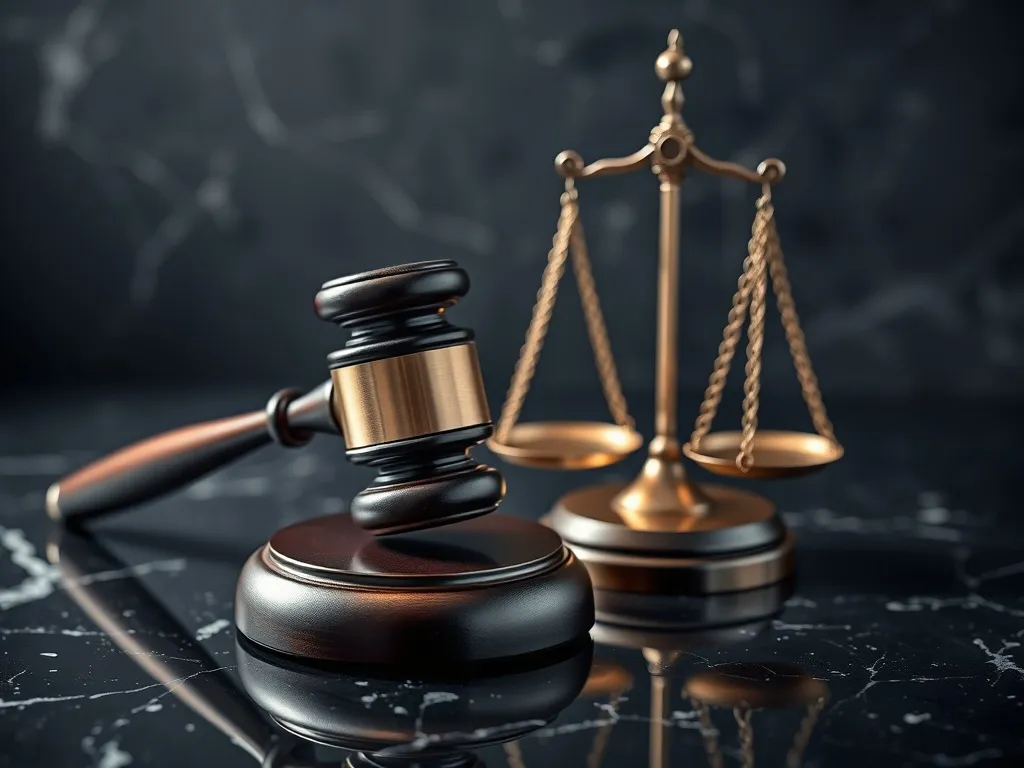 A professional close-up of a legal gavel and a scale of just