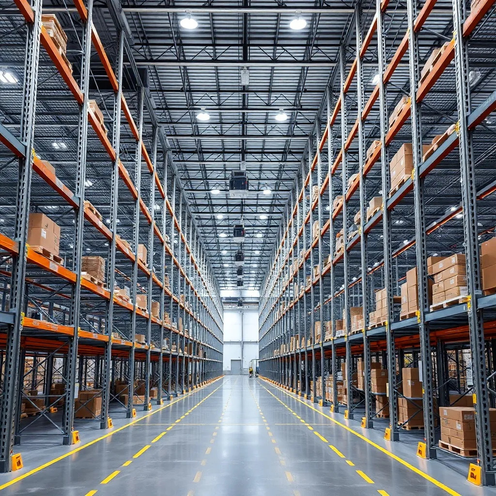 Industrial high-tech warehouse with rows of metal shelving a